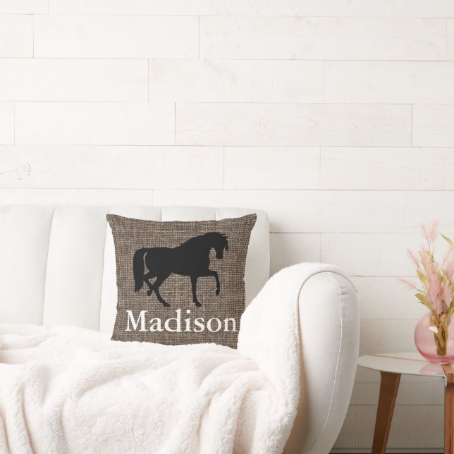 Personalized Faux Burlap Horse Silhouette Throw Pillow (Couch)