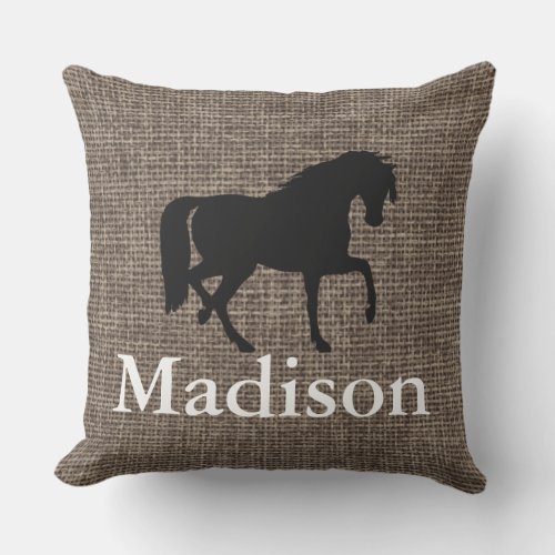 Personalized Faux Burlap Horse Silhouette Throw Pillow