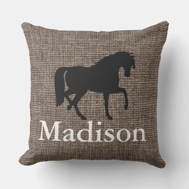 Personalized Faux Burlap Horse Silhouette Throw Pillow (Front)