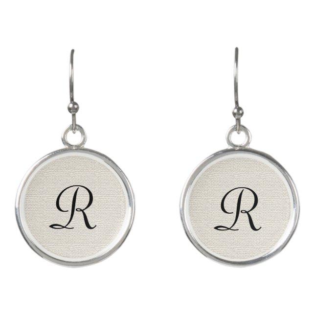 Personalized Faux Burlap Off White Rustic Monogram Earrings (Front)
