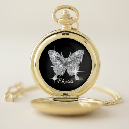 Personalized faux diamond sparkle butterfly design pocket watch
