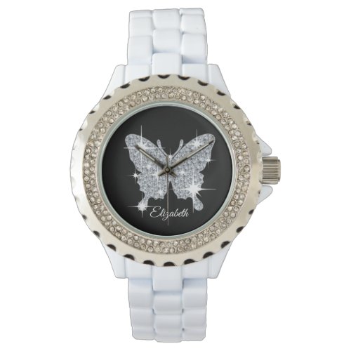 Personalized faux diamond sparkle butterfly design watch