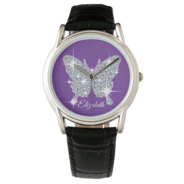 Personalized faux diamond sparkle butterfly watch (Front)