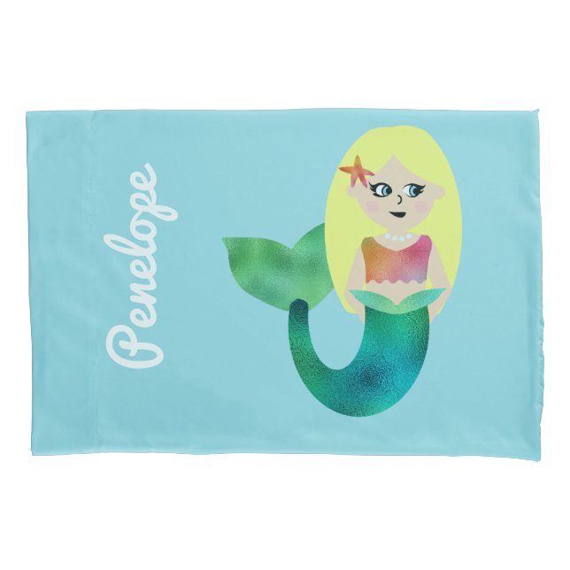 Personalized Faux Foil Blonde Mermaid Girls Pretty Pillow Case (Front)
