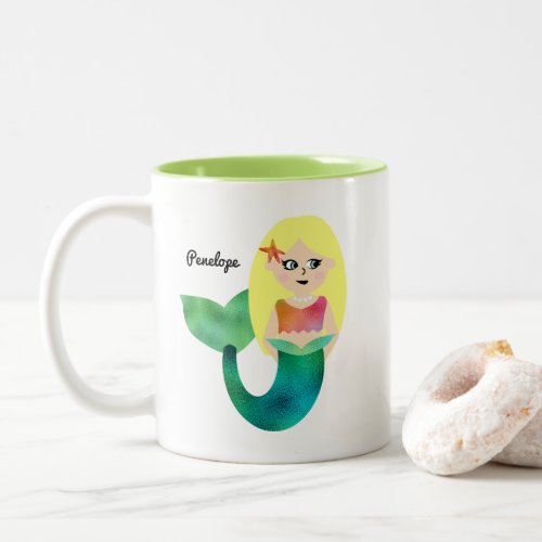 Personalized Faux Foil Blonde Mermaid Girls Trendy Two_Tone Coffee Mug