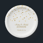 Personalized Faux Gold Confetti White Wedding Paper Plates<br><div class="desc">Gorgeous modern yet elegant wedding napkins for your reception. Not cheap looking but expensive and classy. Last name, bride and groom's names and date. Faux gold foil confetti background. Font and size can be edited. Background color can be changed. Cocktail napkins also available. Found in 'Wedding NAPKINS & PLATES' wedding...</div>