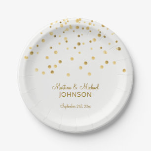 Personalized Faux Gold Confetti White Wedding Paper Plates