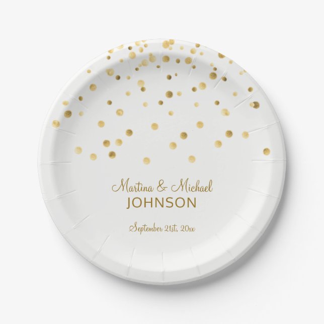 Personalized Faux Gold Confetti White Wedding Paper Plates (Front)