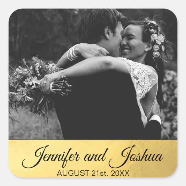 Personalized Faux Gold Foil Black Wedding | PHOTO Square Sticker (Front)