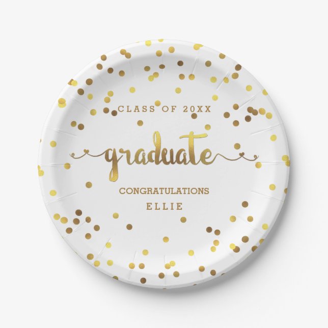 Personalized Faux Gold Foil Confetti Graduate Paper Plates (Front)
