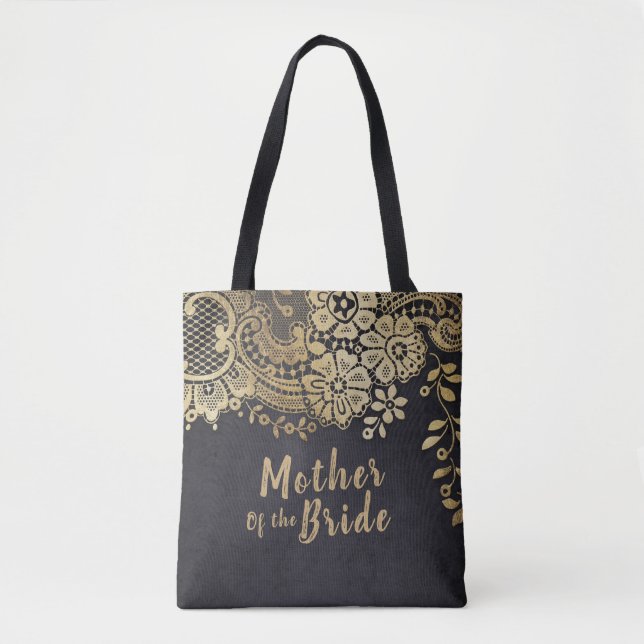 Personalized faux gold lace mother of the bride tote bag (Front)