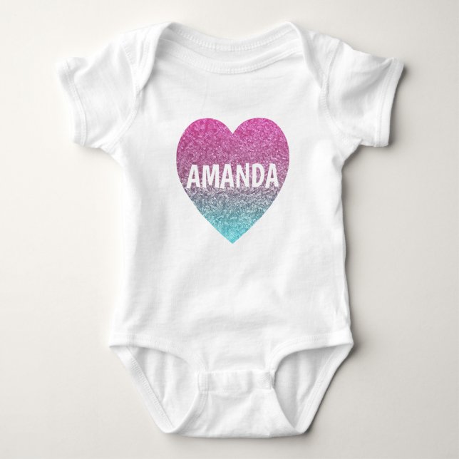 Personalized Faux Heart Glitter Pink Baby Girl Bodysuit (Front)