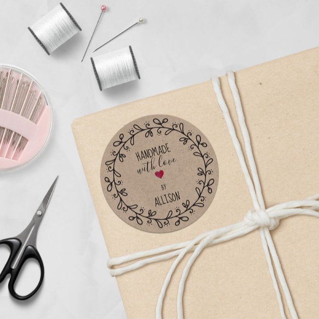 Personalized Faux Kraft Craft Handmade With Love Classic Round Sticker (Creator Uploaded)