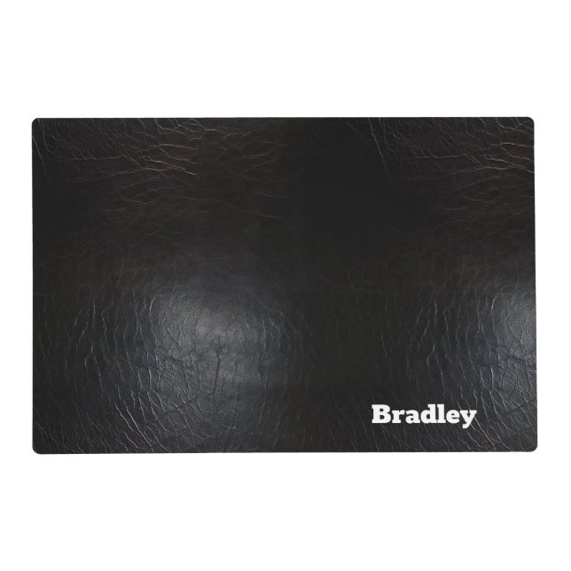 Personalized Faux Leather Black Dog Food Mat (Front)