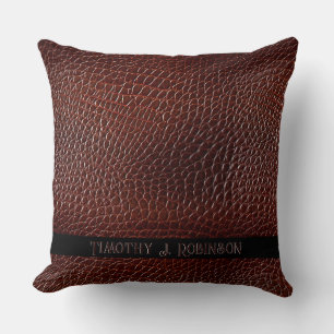Personalized Faux Leather Brown Embossed Throw Pillow