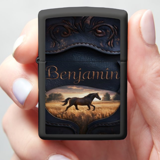 Personalized Faux Leather With Horse Zippo Lighter (In Hand)
