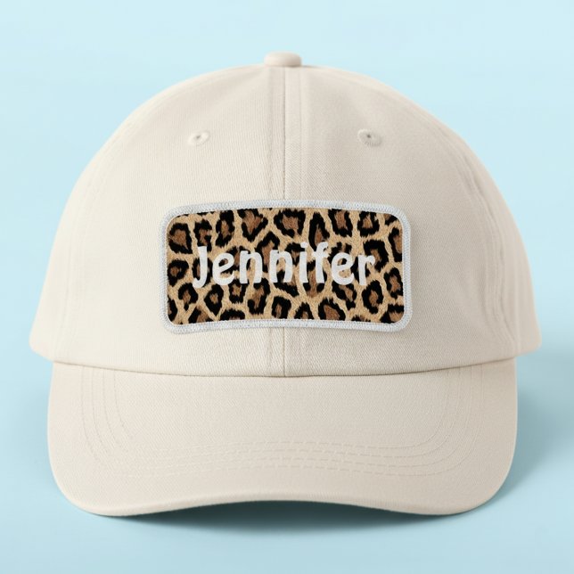 Personalized Faux Leopard Print Name Patch (Leopard print name patch with white border and fun bold font.)