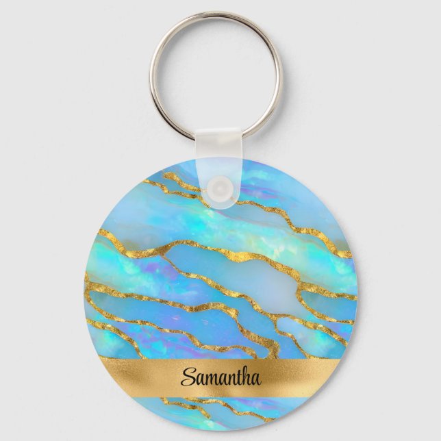 Personalized Faux Opal Stone and Gold Keychain (Front)