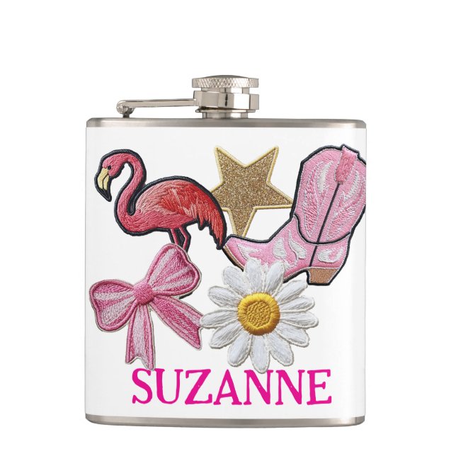 Personalized Faux Patches Pink Western Boot Flask (Front)