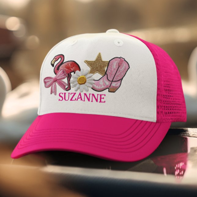 Personalized Faux Patches Pink Western Boot Trucker Hat (Creator Uploaded)