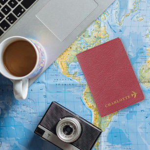 Personalized Faux Red Leather Gold Airplane Name Passport Holder