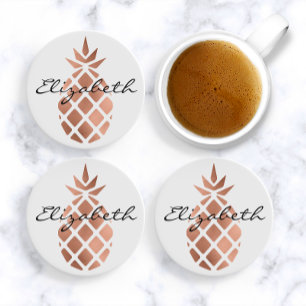 Personalized faux rose gold foil pineapple drink coaster