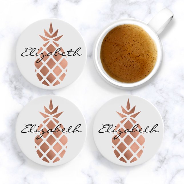 Personalized faux rose gold foil pineapple drink coaster (Creator Uploaded)