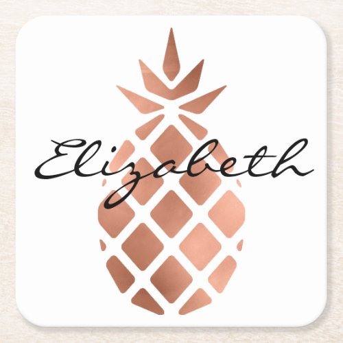 Personalized Faux Rose Gold Foil Pineapple Square Paper Coaster