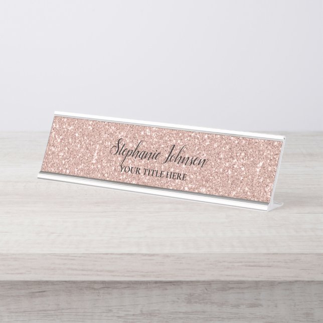 Personalized Faux Rose Gold Glitter  Desk Name Plate (Front)