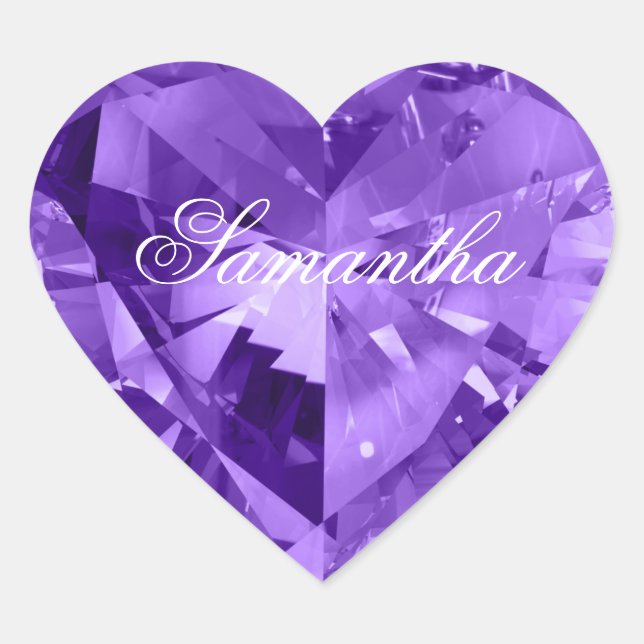 Personalized Faux Shiny Amethyst Purple Gemstone Heart Sticker (Front)