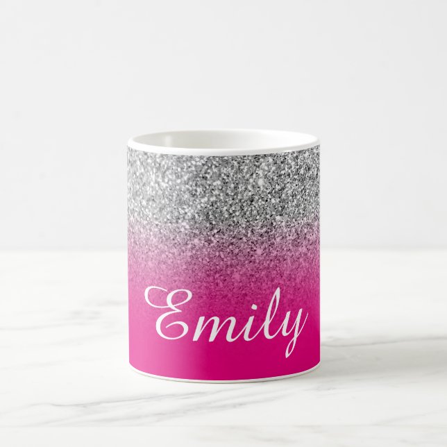 Personalized Faux Silver Hot Pink Ombre Glitter Coffee Mug (Center)