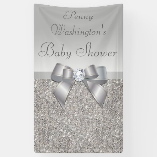 Personalized Faux Silver Sequins Bow Baby Shower Banner