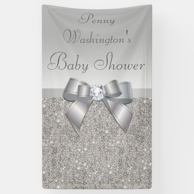 Personalized Faux Silver Sequins Bow Baby Shower Banner (Vertical)
