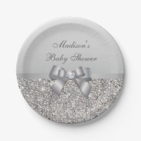 Personalized Faux Silver Sequins Bow Baby Shower Paper Plates