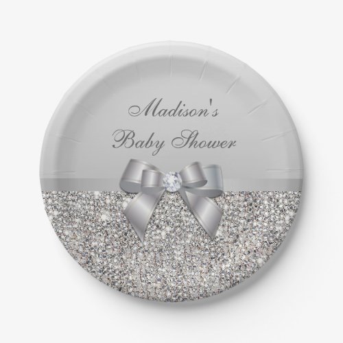 Personalized Faux Silver Sequins Bow Baby Shower Paper Plates