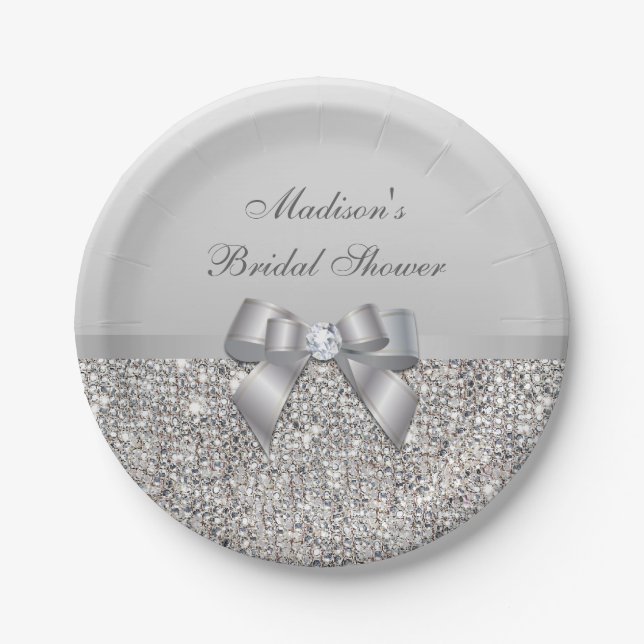 Personalized Faux Silver Sequins Bow Bridal Shower Paper Plates (Front)