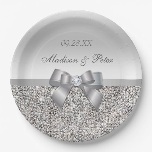 Personalized Faux Silver Sequins Bow Wedding Paper Plates