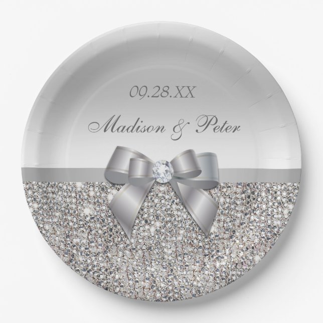 Personalized Faux Silver Sequins Bow Wedding Paper Plates (Front)