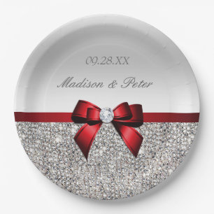 Personalized Faux Silver Sequins Red Bow Wedding Paper Plates