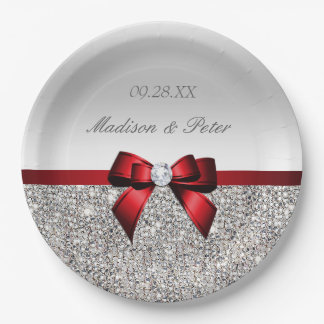 Personalized Faux Silver Sequins Red Bow Wedding Paper Plates