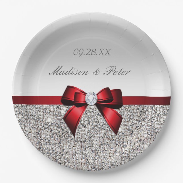 Personalized Faux Silver Sequins Red Bow Wedding Paper Plates (Front)