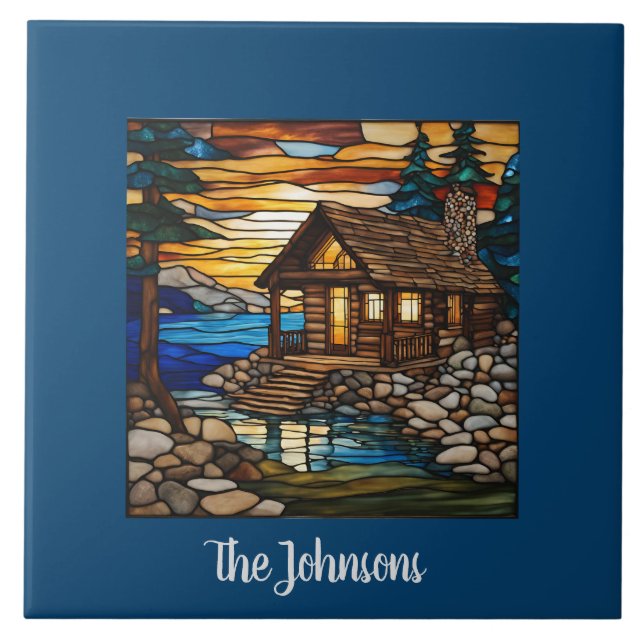 Personalized Faux Stained Glass Cabin Landscape Ceramic Tile (Front)