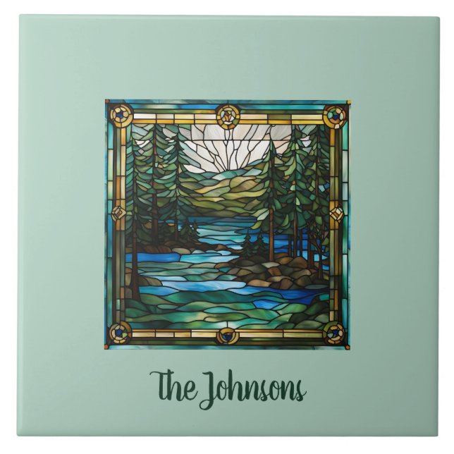 Personalized Faux Stained Glass Canoe Landscape Ceramic Tile (Front)