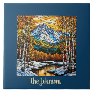 Personalized Faux Stained Glass Mountain Landscape Ceramic Tile
