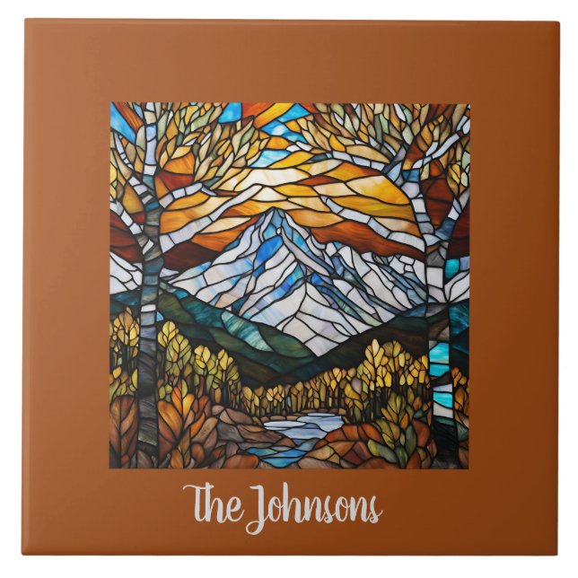 Personalized Faux Stained Glass Mountain Landscape Ceramic Tile (Front)