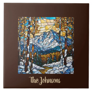 Personalized Faux Stained Glass Mountain Landscape Ceramic Tile
