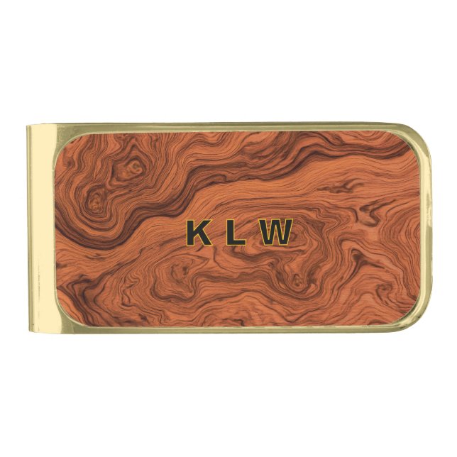 Personalized Faux Walnut  Gold Finish Money Clip (Front)
