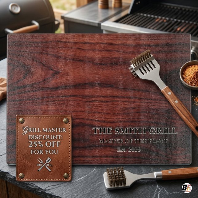Personalized Faux Wood BBQ Grill Master Glass Cutting Board (#cuttingboard)