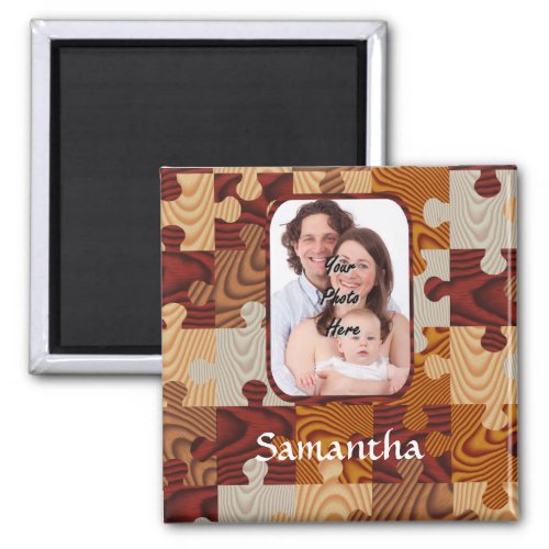 Personalized faux wood jigsaw magnet