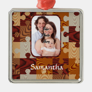 Personalized faux wood jigsaw metal ornament